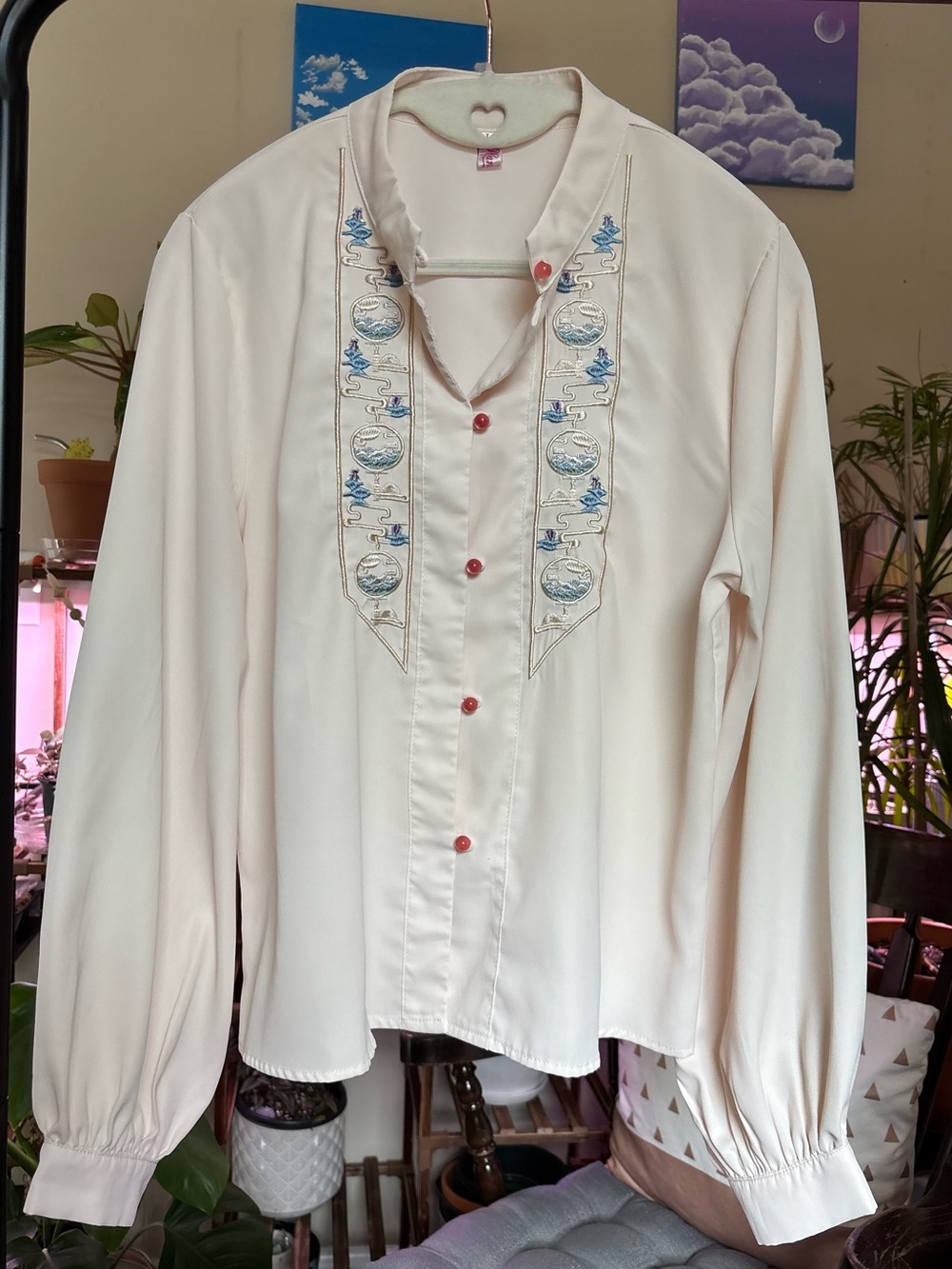 Vintage Embroidered Blouse with Mandarin Collar